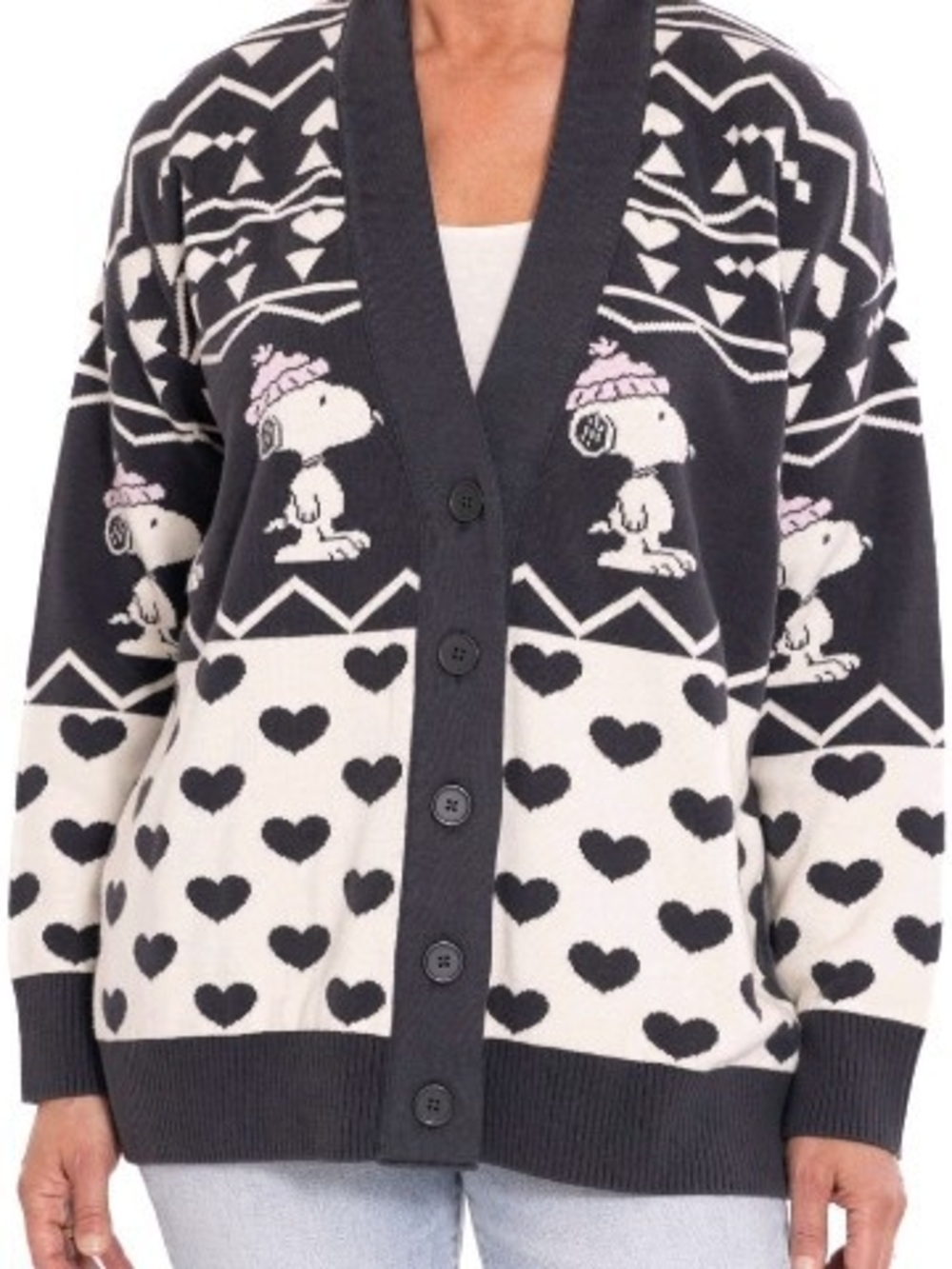Snoopy Heart Pattern Button-Front Cardigan Sweater - Picture 2 of 6